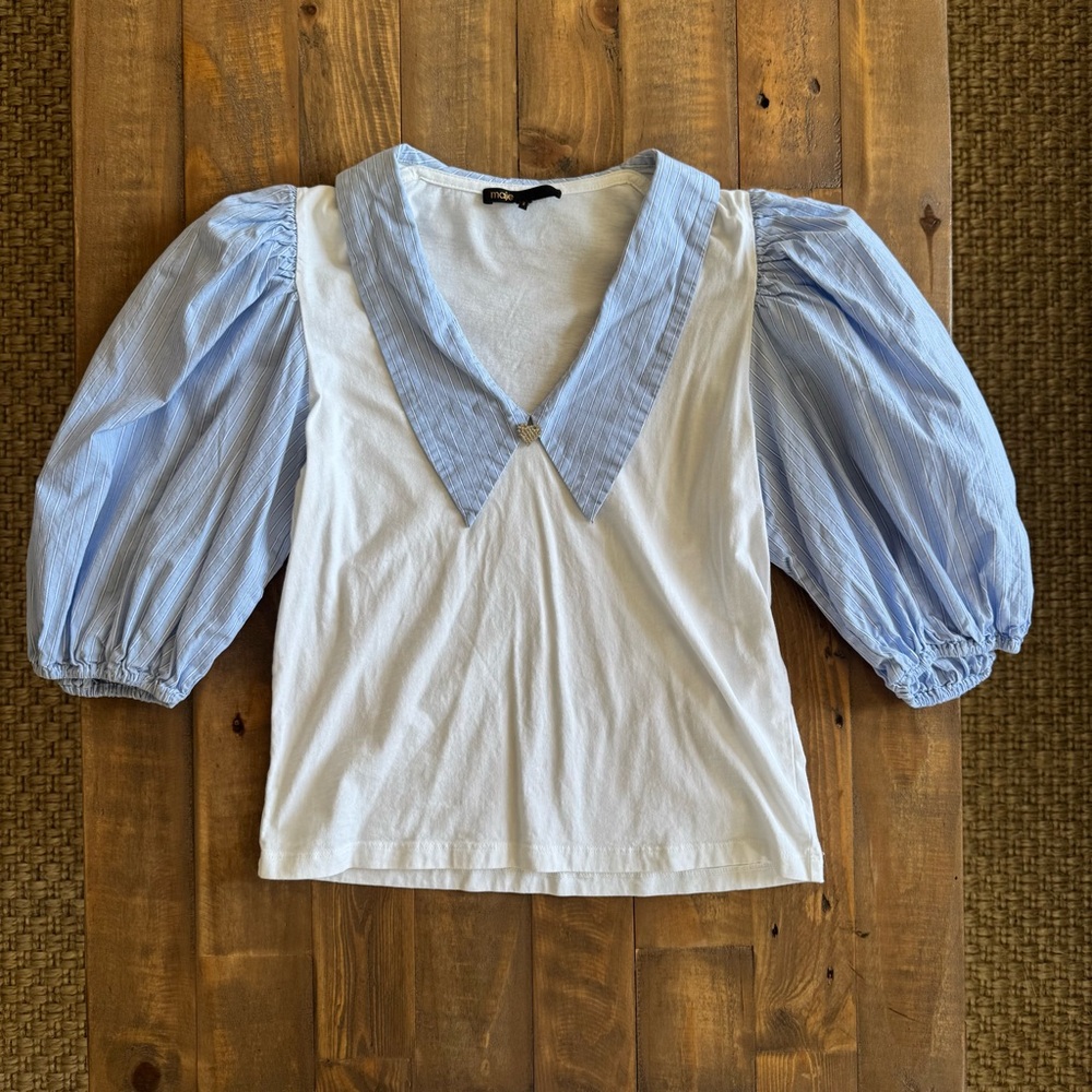 Maje White and Blue Puff Sleeve Top